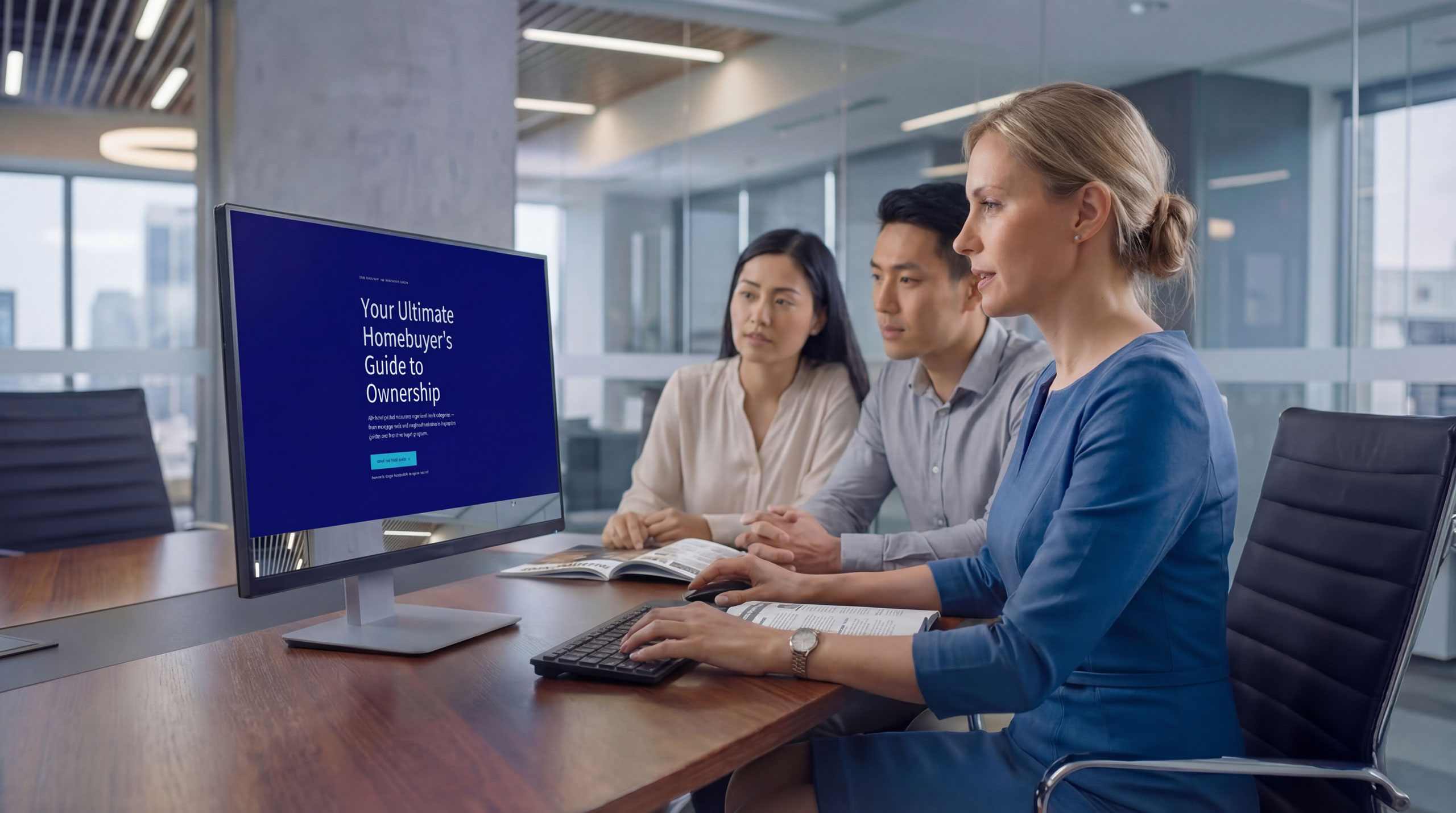 A Realtor presenting the JDP Real Estate Media Homebuyer's Guide to Ownership to a homebuying couple at a conference table, with the updated guide displayed on a desktop monitor